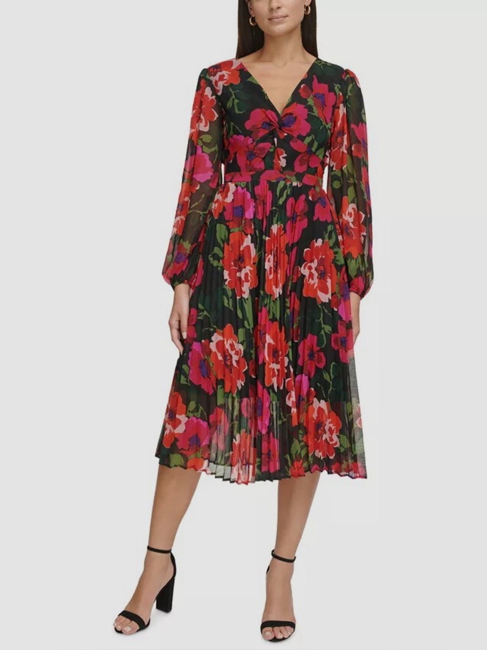 Kensie Black Midi Dress with Red & Pink Floral Print